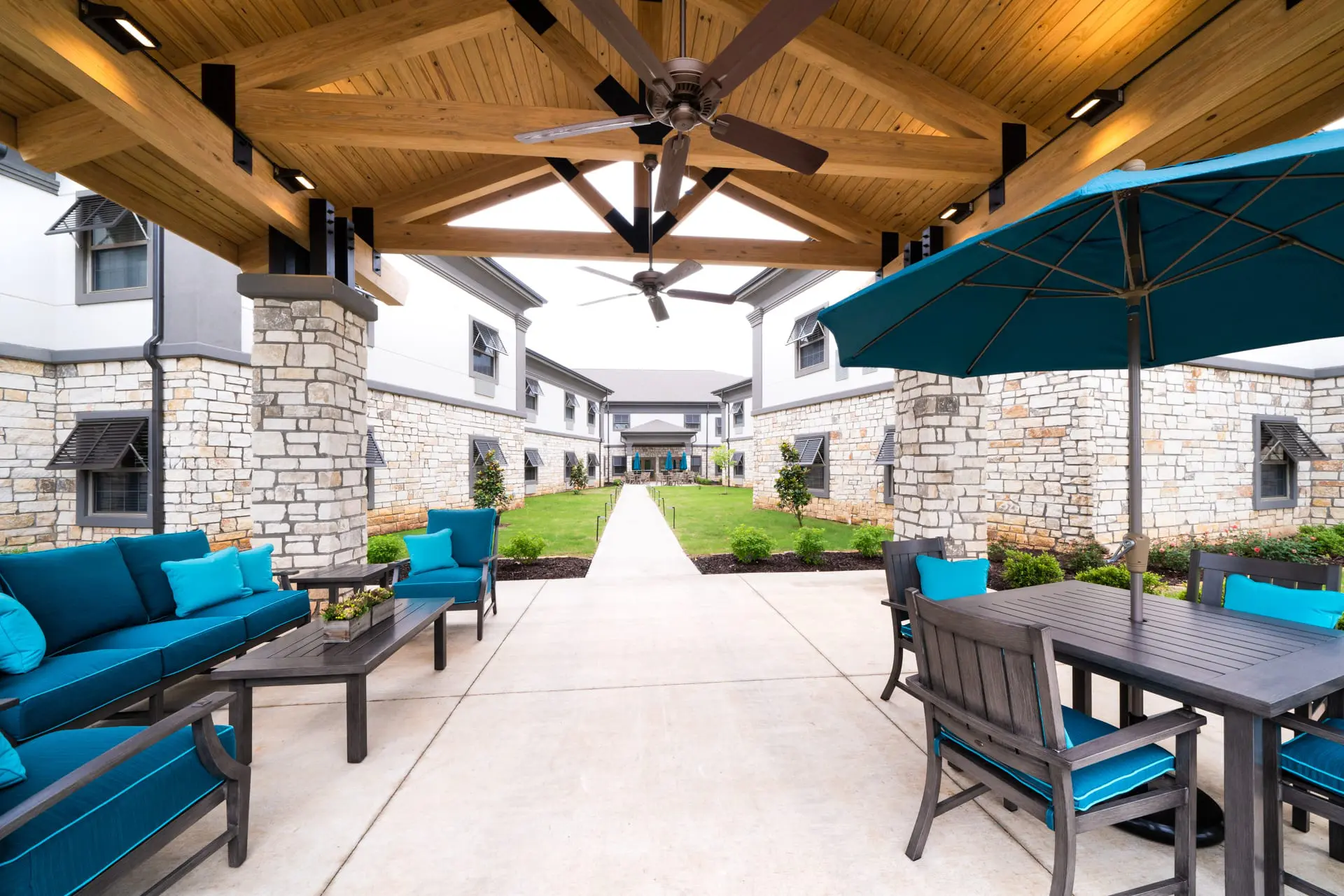 Outdoor patio with seating and tables